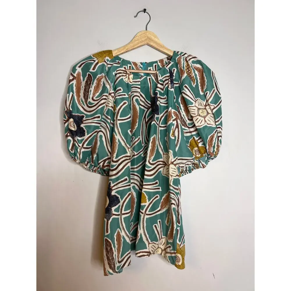 NEW Ulla Johnson Anila Floral Puff Sleeves Crew Neck Blouse Top in Topaz